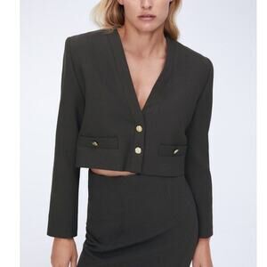 NWT ZARA Crop Blazer with Gold Buttons XS Dark Gray